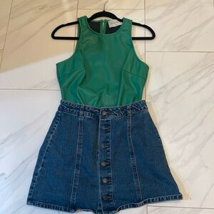 Hausen faux leather green bodysuit (medium) and life in progress skirt (small)